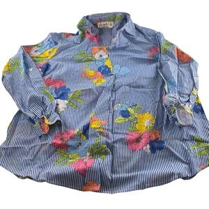 Vincente Womens XL Blue Striped Floral Cotton Button Down Shirt Long Sleeve